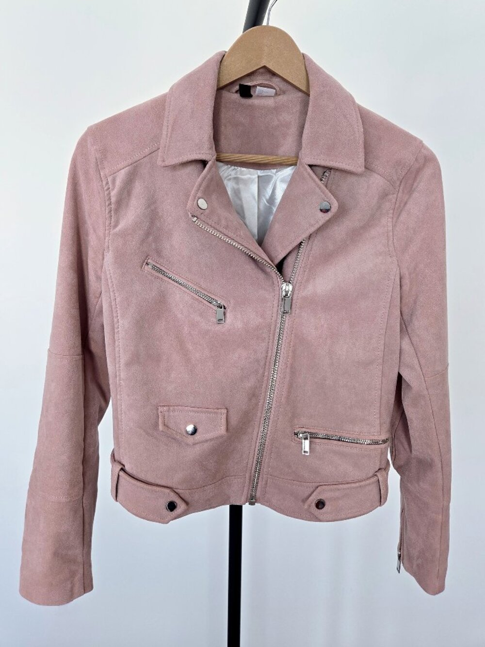 H&M Divided Vegan Suede Moto Jacket in Dusty Pink